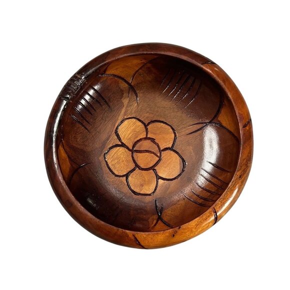 Set of 5 Hand Carved Wooden Salad Bowls Floral Pattern Decorative Rustic - Picture 5 of 10